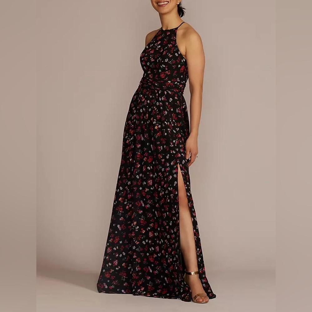 DB Studio Floral Print Halter A-Line Dress with Slit NWT Size 14